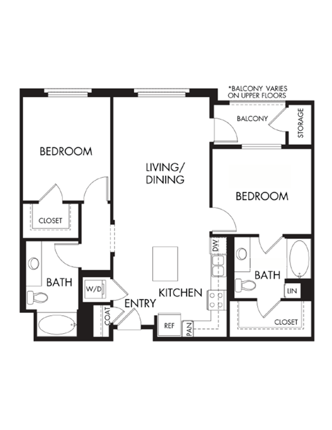 Floor plan for 2 beds, 2 baths, 1039 sqft